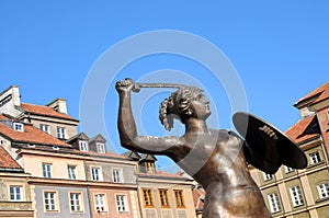 Statue of Mermaid, Old Town in Warsaw, Poland