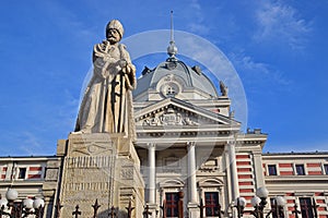 Statue of Mihai Cantacuzino in front of landmark Coltea Hospital at Bucharest Romania