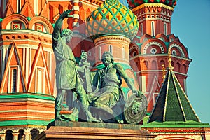 Statue of Minin and Pozharsky on the background of St. Basil's Cathedral