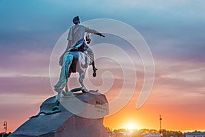 Statue of the monument to Peter 1, Bronze Horseman in Saint-Petersburg at sunset evening sky.