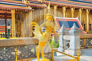 Statue of mythical creature Kinnari at Temple of Emerald Buddha in Bangkok