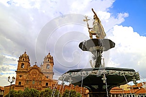 Statue of Pachacuti Inca Yupanqui, the Famous Emperor of the Inca Empire on the Fountain of Plaza de Armas Square, Cusco, Peru