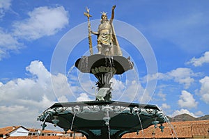 Statue of Pachacuti Inca Yupanqui on the Fountain Top at Plaza de Armas, the Main Square of Cusco, Peru