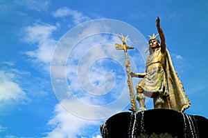 Statue of Pachacuti Inca Yupanqui at Plaza de Armas, the Main Square of Cusco, Peru on May 6th 2018