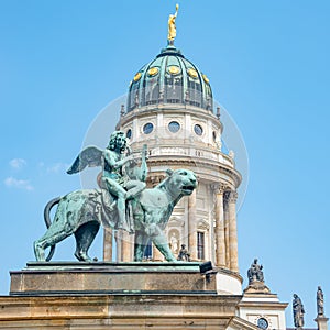 Statue of a panther with genius of music, an angel with wings and a harp, stringed musical instrument at Concert Hall Konzerthaus