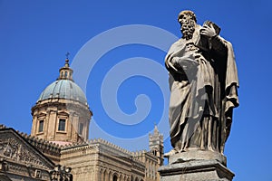 Statue of Patron saint Ambrosius in front of Palermo Cathedral. Sicily. Italy