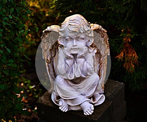 Statue of a peaceful angel child in the garden close-up. Stone cherub.