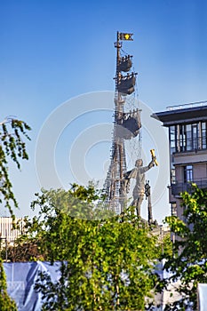 The statue of Peter the Great, a monument to Peter 1 with a height of 98 meters from the boulevard ring on a sunny summer day.