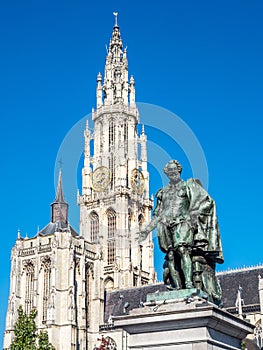 Statue of Peter Paul Rubens with Cathedral of Our Lady