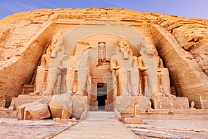 Statue of the pharaoh Rameses II at The Great Temple of Rameses II in Abu Simbel Village