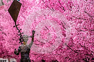 Statue with pink blossoms in spring