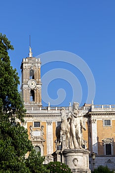 Statue of Pollux with his horse at Piazza del Campidoglio, the capitoline hill of Rome