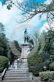 Statue of Prince Komatsu Akihito in Ueno park during springtime in April