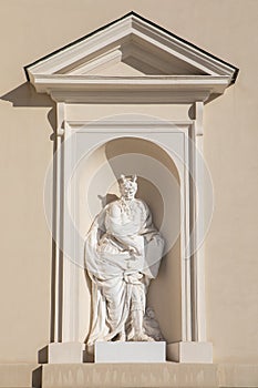 Statue of prophet Moses on the wall of Vilnius Cathedral