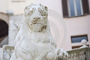 Statue of a proud lion with shield