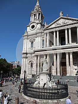 London, United Kingdom- June 2019: Statue of Queen Anne and Saint Paul`s Cathedral in the background, London