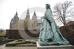 Statue of Queen Caroline Amalie of Augustenburg in Rosenborg Castle Gardens in Copenhagen, Denmark. February 2020