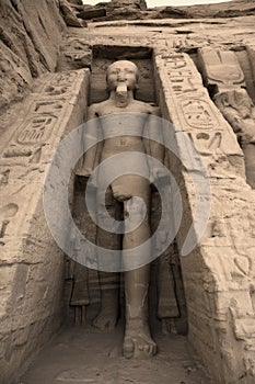 Statue of Rameses II outside the Hathor Temple of Queen Nefertari. UNESCO World Heritage Site known as the Nubian Monuments. Abu