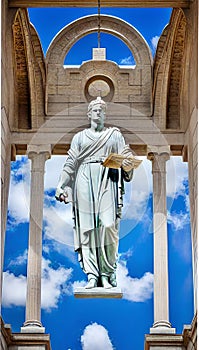 Statue Representing Justice over a Blue SkyIllustration Artificial intelligence artwork generated