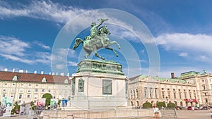 Statue rider Erzherzog Karl on horseback with flag in hand timelapse hyperlapse. Heldenplatz. Vienna