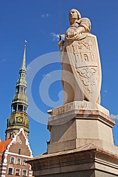 Statue of Roland in front of the House of the Blackheads in old town of Riga, Latvia