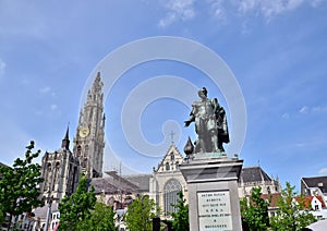 Statue of Rubens with Cathedral of Our Lady in Antwerp, Belgium.