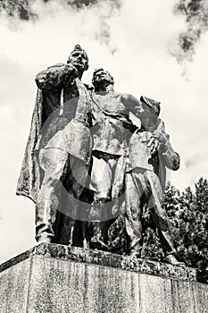 Statue of russian soldiers and the boy, Slavin - memorial monument in Bratislava, Slovakia, black and white