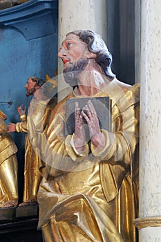 Statue of a saint, altar of Parting of the Apostles at the Church of Our Lady of Jerusalem at Trski Vrh in Krapina, Croatia