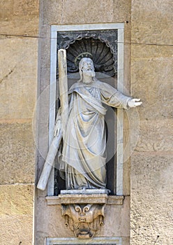 Statue of Saint Andrea on the facade of the Chiesa del Gesu in Piazza Matteotti in Genoa, Italy.