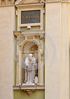 Statue of Saint Bassus on the exterior of the Nice Cathedral, Roman Catholic Church, seat of the Diocese of Nice