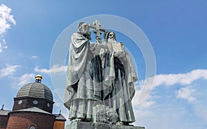 Statue of Saint Cyril and Methodius, Radhost hill, Beskids mountains, Czech republic / Czechia