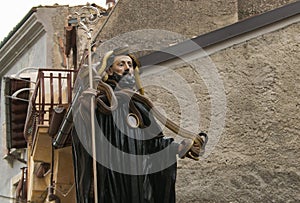 The statue of Saint Dominic with snakes for the Serpari feast in the center of Cocullo, Abruzzo, Italy