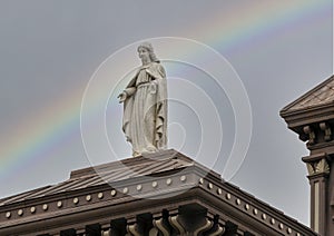 Statue of Saint Ignatius of Loyola atop the Saint Ignatius Academy in downtown Fort Worth, Texas.