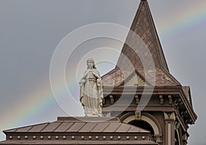 Statue of Saint Ignatius of Loyola atop the Saint Ignatius Academy in downtown Fort Worth, Texas.