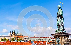 Statue of Saint John of Nepomuk on Charles Bridge by Jan Brokoff on the north side of Charles Bridge over the river Vltava in