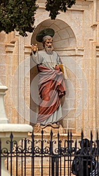 Statue of Saint Paul at the entrance of the iconic Sanctuary of Our Lady in Mellieha, Malta