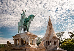 The Statue of Saint Stephen in Fisherman`s Bastion in Budapest