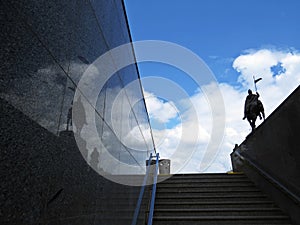 Statue of Saint Wenceslas on Horse Shadow Reflection on a Wall of Subway Pedestrian Underpass