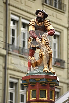 Statue of the Samson Fountain at Kramgasse street in Bern, Switz