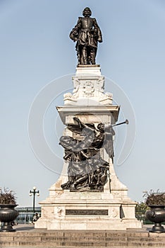 Statue of Samuel de Champlain against blue summer sky in historic area founder of Quebec City, Canada