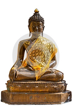 Statue of the seated Maravijaya Buddha Image with cloth isolated on white background.