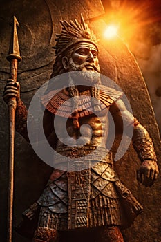 A statue of a Shamash the ancient Mesopotamian sun god, holding a staff. Generative AI image.