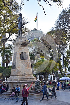 Statue of Simon Bolivar in Plaza 25 de Mayo, a UNESCO World Heritage Site in Sucre, Bolivia