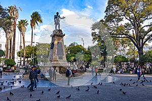 Statue of Simon Bolivar in Plaza 25 de Mayo, a UNESCO World Heritage Site in Sucre, Bolivia