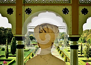 The statue of sir M vishweshvaraiah from behind in krs brindavan garden