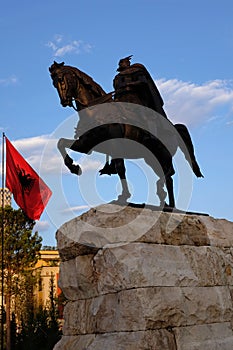 Statue of Skanderberg on horseback on main square in Tirana, Albania