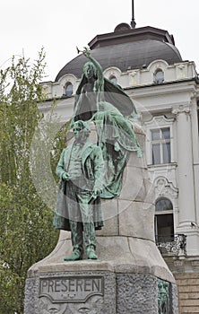 Statue of slovenian poet France Preseren in Ljubljana, Slovenia
