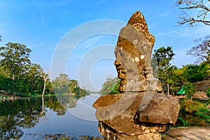 Statue on South Bridge, Entrance of Angkor Thom, Khmer styled Temple, Siem Reap, Cambodia.