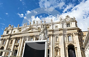 Statue of St. Paul with sword in front of St. Peter`s Basilica in Vatican City, Rome, Italy