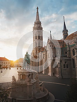 Statue of St Stephen and Matthias Church at Fishermans Bastion - Budapest, Hungary